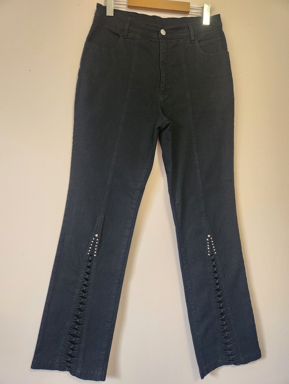 Y2K Lafei Nier High Rise Black Rhinestone Braided Cutout Hem Jeans 10 Like New